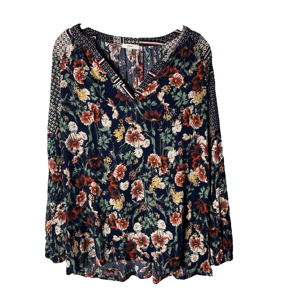 Jodifl Top Size Medium Blouse V-Neck Long Sleeves Floral Blue Red Gold White Tan